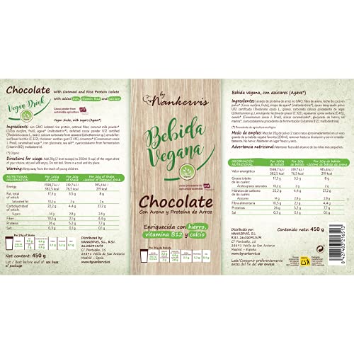 By Nankervis Bebida Vegana Chocolate Con Avena Y Proteina De Arroz 450Gr 450 g