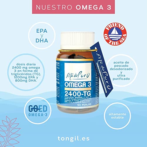 Omega 3 Cápsulas Estado Puro - Aceite de Pescado Omega 3-1200mg EPA y 800mg DHA - Altamente Estable y Máximo Estándar de Pureza y Sostenibilidad - 90 Perlas de Tongil