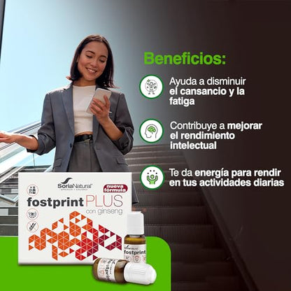 Soria Natural Fostprint Plus con Ginseng - Vitaminas para el Cansancio y la Memoria - Jalea Real, Vitaminas Grupo B, Biotina, Vitamina E, Vitamina D, L Carnitina y Propóleo Puro - 20 Viales con 15ml