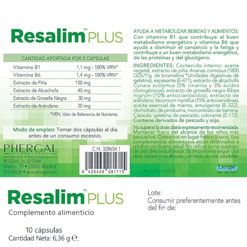 Resalim PLUS - Complemento Alimenticio para Ayudar a Metabolizar Bebidas y Alimentos, Ayuda a disminuir el cansancio y la fatiga - 10 Comprimidos