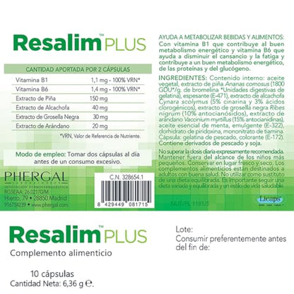 Resalim PLUS - Complemento Alimenticio para Ayudar a Metabolizar Bebidas y Alimentos, Ayuda a disminuir el cansancio y la fatiga - 10 Comprimidos
