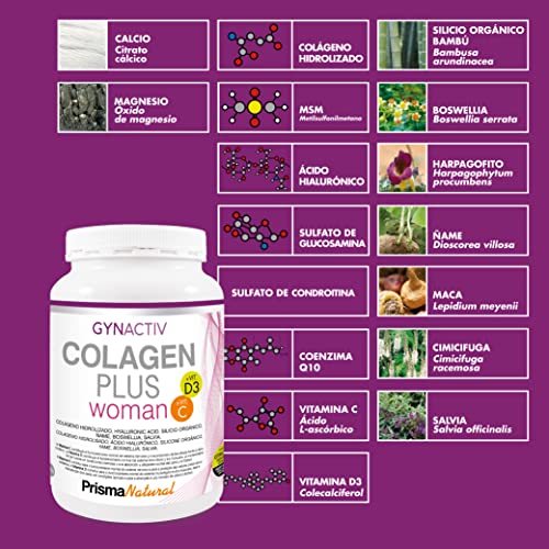 Prisma Natural - Colágeno Hidrolizado en Polvo con Ácido Hialurónico, Calcio, Vitamina C y D3. Suplemento para Regeneración Articulaciones, Huesos, Piel, Uñas y Pelo para Mujer, 300gr