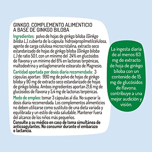 El Granero Integral - Ginkgo Biloba - 90 Cápsulas - Elaborado a Base de Polvo y Extracto de Hojas de Ginkgo Biloba - Ayuda a la Correcta Circulación de la Sangre