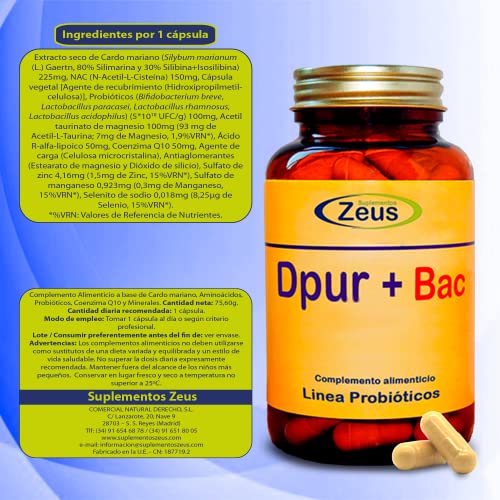DPUR+BAC | Contribuye con los mecanismos de detoxificación hepática | Complemento Alimenticio a base de Cardo mariano, Aminoácidos, Probióticos, CoQ10 y Minerales | 100% Vegano | 90 Cap Veg