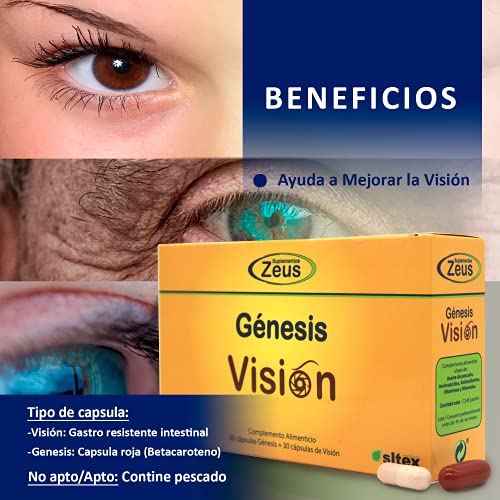 GÉNESIS VISIÓN suplementos zeus Contribuye al mantenimiento de la visión. Alimenticio a base de Aceite de pescado, Aminoácidos, CoQ10, Luteína, Astaxantina, Vitaminas y Minerales . 60 Cap