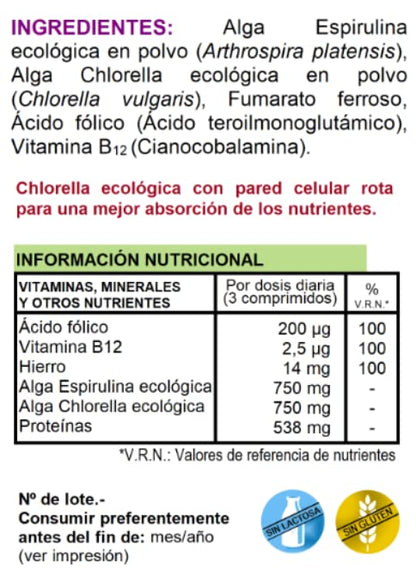 Robis Superfoods Espirulina + Chlorella BIO | Vegano/Vegetariano | Rico en Proteínas, Vitaminas, Antioxidantes, Clorofila y Fibra | Espirulina, Chlorella, Hierro, Ácido Fólico - 90 Comprimidos, 1, 90 unidad, 1