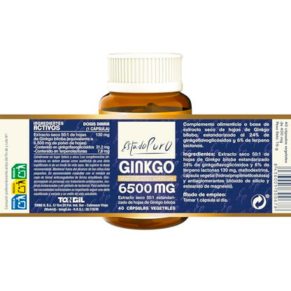Ginkgo Biloba Estado Puro 6500mg | Extracto Estandarizado y Máxima Concentración | 24% de Flavonoides y 6% de Terpenos | Memoria y Concentración + Circulación | 40 Cápsulas de Tongil