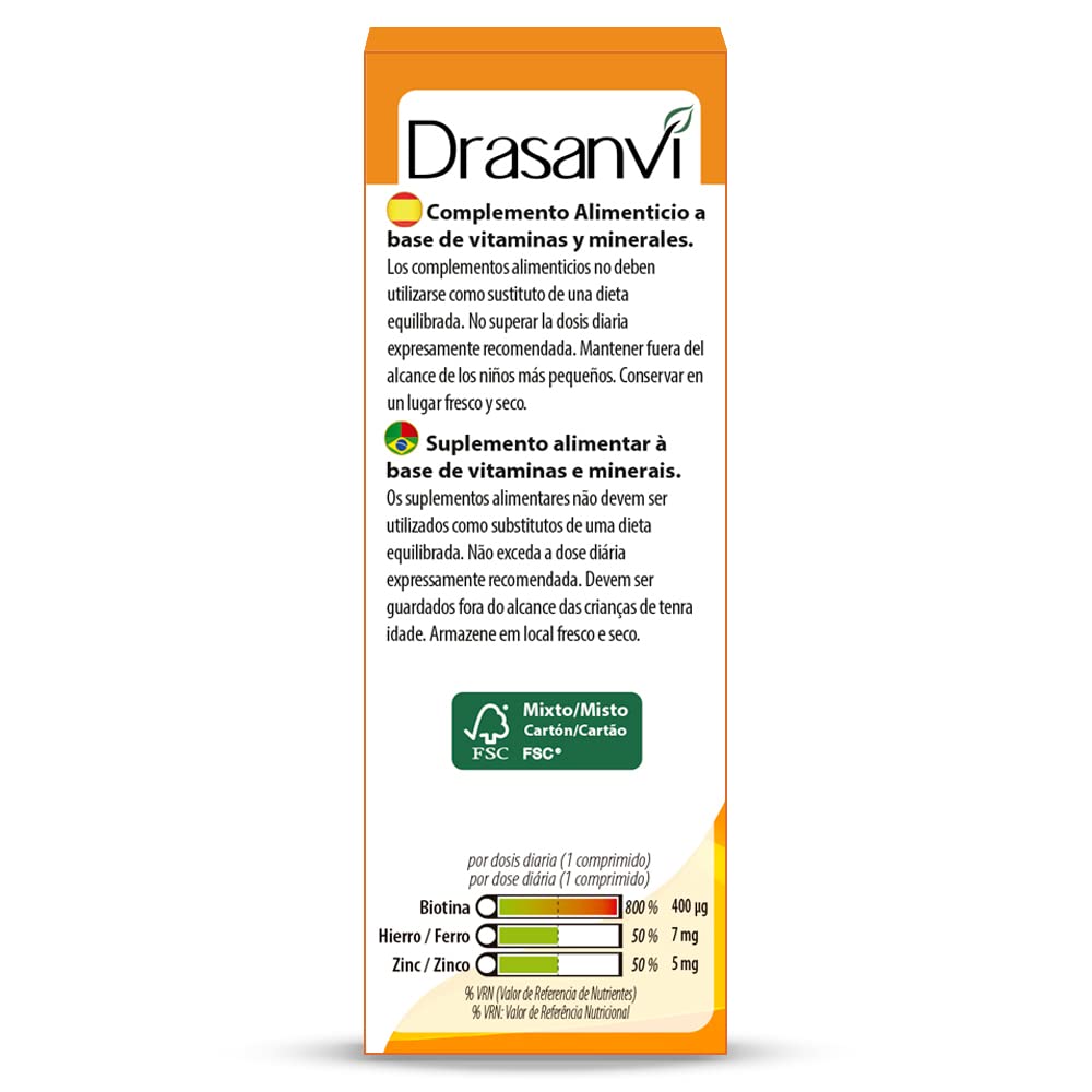 DRASANVI Biotina |contiene Vitamina H, Hierro y Zinc|para cabello y uñas| ayuda a reforzar la función de la queratina|Vitamina esencial|Pelo Sano y Fuerte|45 comprimidos=45días