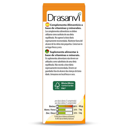 DRASANVI Biotina |contiene Vitamina H, Hierro y Zinc|para cabello y uñas| ayuda a reforzar la función de la queratina|Vitamina esencial|Pelo Sano y Fuerte|45 comprimidos=45días