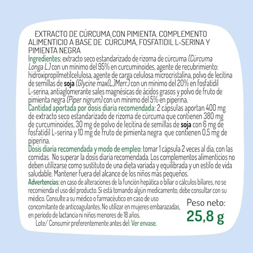 El Granero Integral - Extracto de Cúrcuma + Pimienta - 60 Cápsulas - Elaborado a Base de Extracto de Cúrcuma - Contiene Fosfatidil Serina - Ayuda al Sistema Digestivo y Refuerza el Sistema Inmune