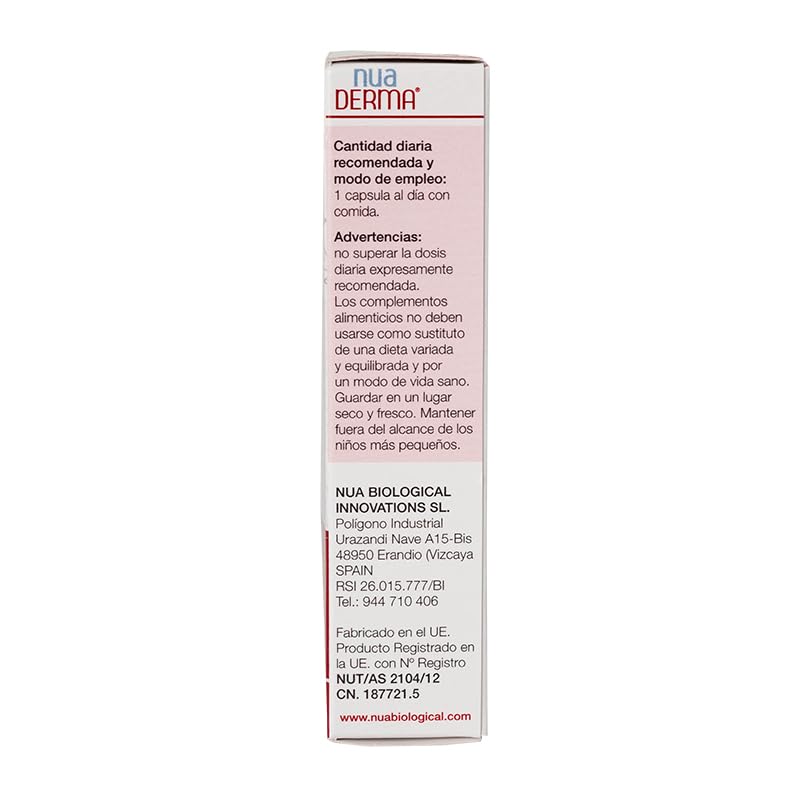 Nua Biological - NuaDerma, Complemento Alimenticio con Hidroxitirosol, Nutroxsun, Vitaminas y Minerales para Proteger y Nutrir la Piel del Envejecimiento - 30 cápsulas (858mg)
