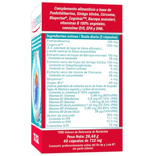 Nivelmemorix | Nootropico Para la Memoria y Concentración | Con Ginkgo Biloba, Fosfatidilserina, Bacopa Monnieri, Cúrcuma, Salvia, Coenzima Q10 y Vitaminas Grupo B | 40 Cápsulas Vegetales de Tongil