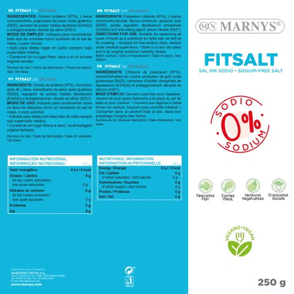 Sal Sin Sodio - Fitsalt - Sal 0% Sodio, Ideal para dietas bajas en sodio, Ayuda a tu corazón - Bote 250 g