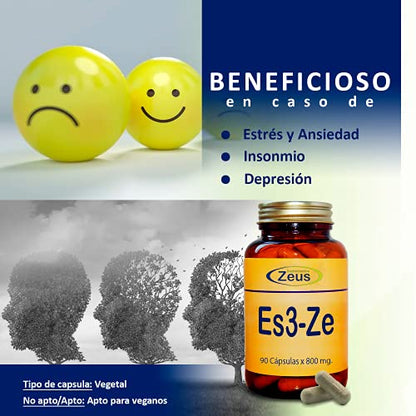 ES3-ZE | Contribuye a rebajar la actividad nerviosa del cerebro, aporta calma | Complemento Alimenticio a base de Aminoácidos, Pasiflora y Vitaminas | 100% Vegano | 30 Cáps Vegetales