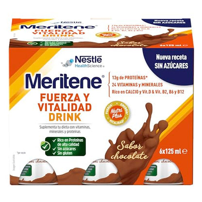 Meritene | Fuerza y Vitalidad | Suplemento Alimenticio | Listo para Tomar | Batido con Proteínas Vitaminas y Minerales | Sabor Chocolate | Refuerzo del Sistema Inmunitario | 6 Unidades | 125 ml