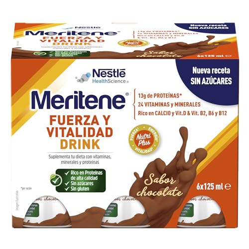 Meritene | Fuerza y Vitalidad | Suplemento Alimenticio | Listo para Tomar | Batido con Proteínas Vitaminas y Minerales | Sabor Chocolate | Refuerzo del Sistema Inmunitario | 6 Unidades | 125 ml
