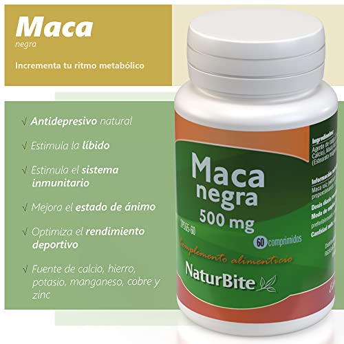 NaturBite Maca Negra 500mg. Extracto de raíz de maca negra de alta concentración, soporta mayor resistencia y aporta energía.