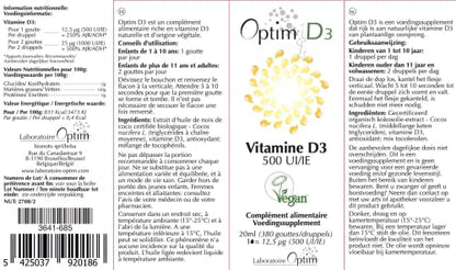 Vitamina D en gotas 500 UI vegana origen vegetal | liquen natural | Suplemento Bebe, niños, adultos, embarazo | Optim D3