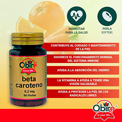 Obire | Beta-Caroteno 8,2 mg | Suplemento Alimenticio Para Piel Seca | Protección Solar de la Piel | Favorece la Absorción de Hierro, Mantenimiento de la Piel y la Visión | 90 Perlas