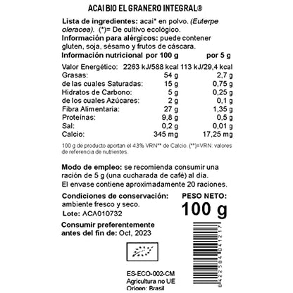 El Granero Integral - Acai Ecológico - 100 g - Apto para Veganos - Alto Contenido en Fibra - Fuente de Calcio - Ayuda a los Huesos y a la Salud Digestiva - Formato en Polvo