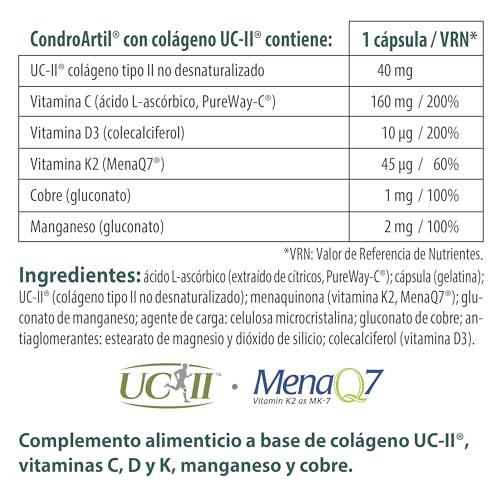 CondroArtil® con Colágeno UC-II® - 30 Cápsulas - Ayuda a Fortalecer los Huesos y Cartílagos - Contribuye a la Formación y Mantenimiento del Tejido Conectivo - Con Vitaminas C, D3 y K2-100% Natural