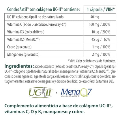 CondroArtil® con Colágeno UC-II® - 30 Cápsulas - Ayuda a Fortalecer los Huesos y Cartílagos - Contribuye a la Formación y Mantenimiento del Tejido Conectivo - Con Vitaminas C, D3 y K2-100% Natural