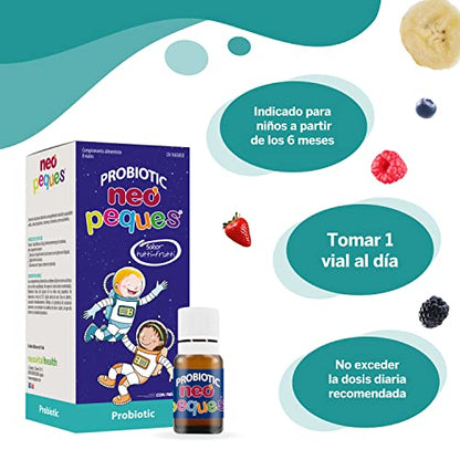 NEO PEQUES Probiotic | 8 Viales | Complemento Alimenticio a Base de Probióticos y Prebióticos | Para Mejora del Bienestar Digestivo en Niños | Sabor Tutti Frutti