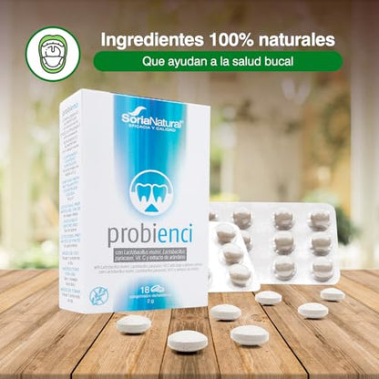 Soria Natural Probienci - Lactobacillus Reuteri, Lactobacilus Paracasei, Vitamina C y Extracto de Arándano – Favorece Salud Oral – Favorece la Salud de Dientes y encías - Caja con 18 comprimidos de 2g