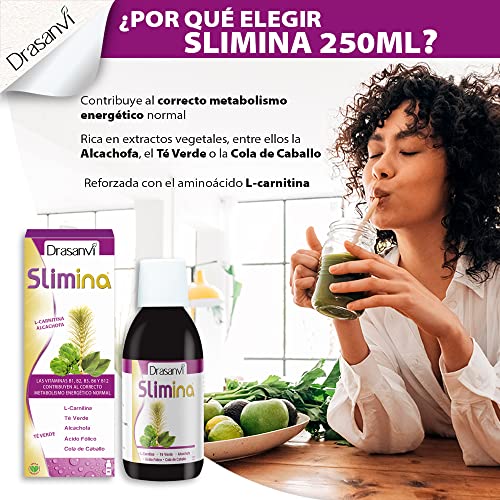 DRASANVI SLIMINA - Cola de Caballo + Alcachofa + Té Verde + Vitaminas B1, B2, B3 B6, B12 - Contribuye al correcto metabolismo energético - VEGANO - SIN GLUTEN
