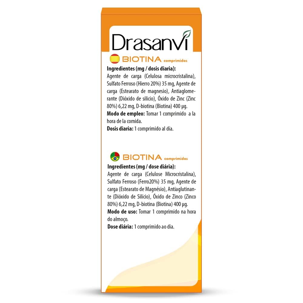 DRASANVI Biotina |contiene Vitamina H, Hierro y Zinc|para cabello y uñas| ayuda a reforzar la función de la queratina|Vitamina esencial|Pelo Sano y Fuerte|45 comprimidos=45días