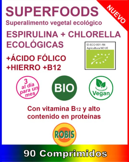 Robis Superfoods Espirulina + Chlorella BIO | Vegano/Vegetariano | Rico en Proteínas, Vitaminas, Antioxidantes, Clorofila y Fibra | Espirulina, Chlorella, Hierro, Ácido Fólico - 90 Comprimidos, 1, 90 unidad, 1