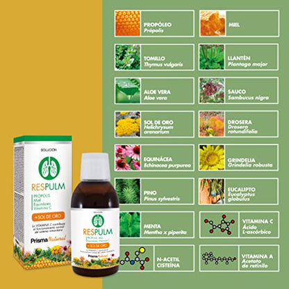 Prisma Natural - Solución Respulm - Jarabe natural Expectorante 250ml para Adultos.Ingredientes naturales como: Miel, Aloe Vera, Propolis, sol de oro, vitamina c...ideal para tos, garganta y alergias.