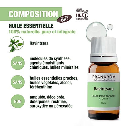PRANARÔM - Ravintsara - Aceite esencial quimiotipado - Confort respiratorio y defensas naturales - 100% puro y natural - HETC - 10 ml