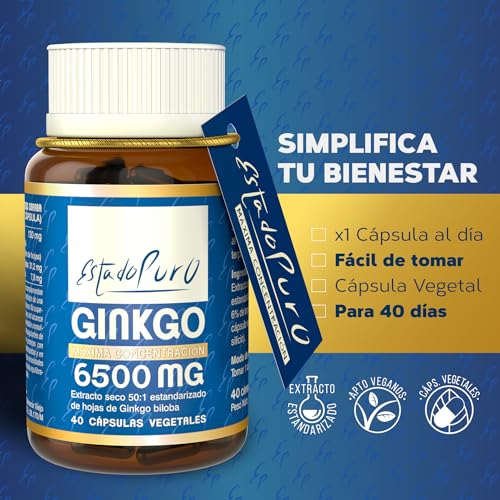 Ginkgo Biloba Estado Puro 6500mg | Extracto Estandarizado y Máxima Concentración | 24% de Flavonoides y 6% de Terpenos | Memoria y Concentración + Circulación | 40 Cápsulas de Tongil