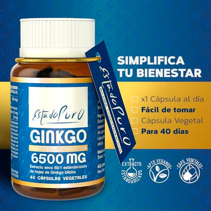 Ginkgo Biloba Estado Puro 6500mg | Extracto Estandarizado y Máxima Concentración | 24% de Flavonoides y 6% de Terpenos | Memoria y Concentración + Circulación | 40 Cápsulas de Tongil