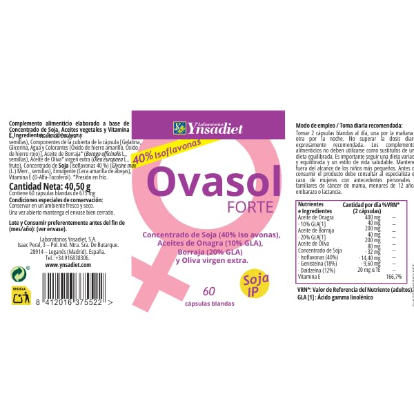 Ovasol Forte 60 cápsulas | Isoflavonas de Soja 40% | Aceite de Onagra, Borraja y Oliva Virgen Extra | Con Vitamina E | Complemento alimenticio para el bienestar femenino