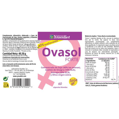 Ovasol Forte 60 cápsulas | Isoflavonas de Soja 40% | Aceite de Onagra, Borraja y Oliva Virgen Extra | Con Vitamina E | Complemento alimenticio para el bienestar femenino