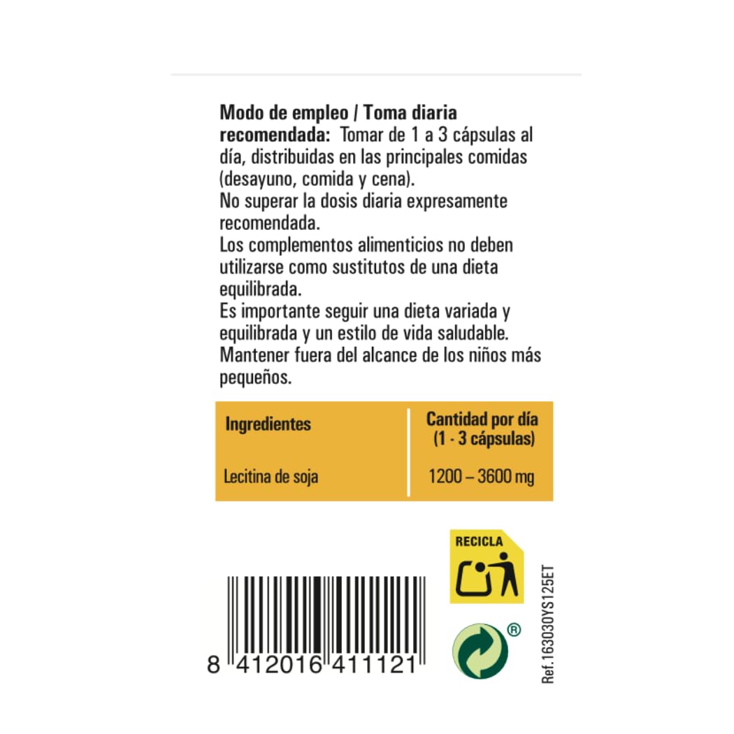 Lecitina de Soja IP 1.200 mg – 125 cápsulas blandas | No transgénica | Con fosfolípidos, colina e inositol | Ynsadiet | Apoya colesterol y memoria