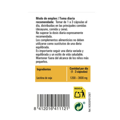 Lecitina de Soja IP 1.200 mg – 125 cápsulas blandas | No transgénica | Con fosfolípidos, colina e inositol | Ynsadiet | Apoya colesterol y memoria