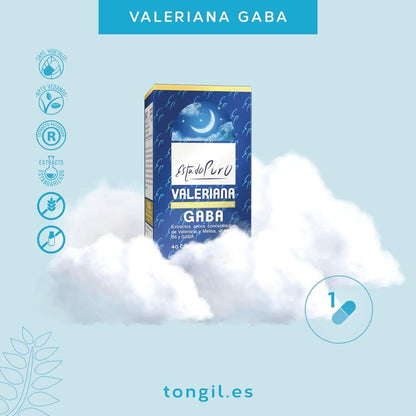 Valeriana GABA Estado Puro. Relajante Natural para Dormir Mejor. Valeriana Desodorizada + Melisa + GABA + Vitamina B6. Ayuda a Conciliar y Mantener el Sueño. 40 Cápsulas Vegetales de Tongil