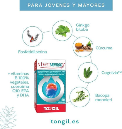 Nivelmemorix | Nootropico Para la Memoria y Concentración | Con Ginkgo Biloba, Fosfatidilserina, Bacopa Monnieri, Cúrcuma, Salvia, Coenzima Q10 y Vitaminas Grupo B | 40 Cápsulas Vegetales de Tongil
