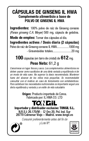 Ginseng Coreano Puro, Calidad Ilhwa, 500 mg, 100 cápsulas | Panax Ginseng 100% Sin aditivos | Energía Física y Mental | Raíces Maduras de Cultivo Propio y Extracción Exclusiva | de TONGIL