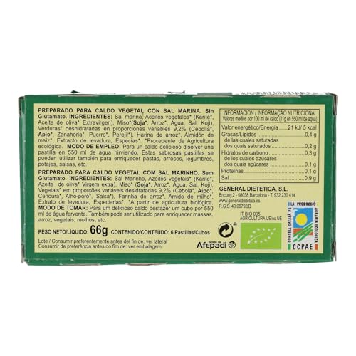 Integralia Caldo Vegetal Eco Con Sal Marina 6 Cubitos X 11 Gr Exp 24 Unidades 66 Gramos 66 ml