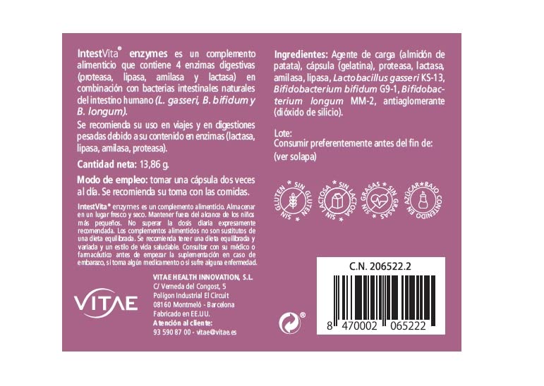 Vitae IntestVita Enzymes 30 cápsulas | Enzimas digestivas y probióticos | Combatir problemas digestivos | Acidez | Malas digestiones | Gases | Cuidado y salud digestiva