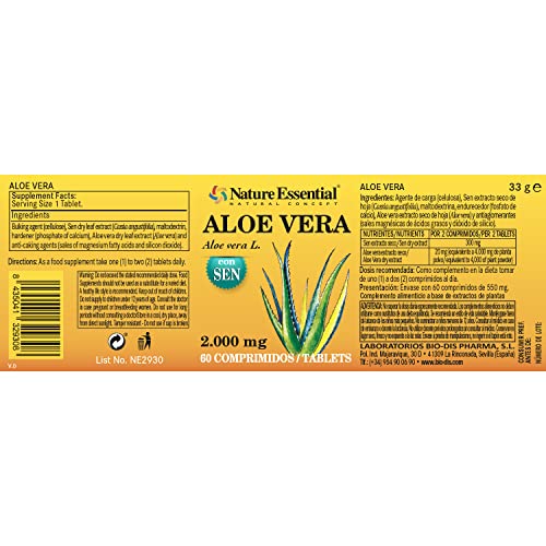 Nature Essential - Aloe Vera - 60 Comprimidos - Bote para 1 Mes - Sen y Calcio - Favorece Sistema Hepático - Ayuda a Perder Peso - Aloe + Sen 2000 mg