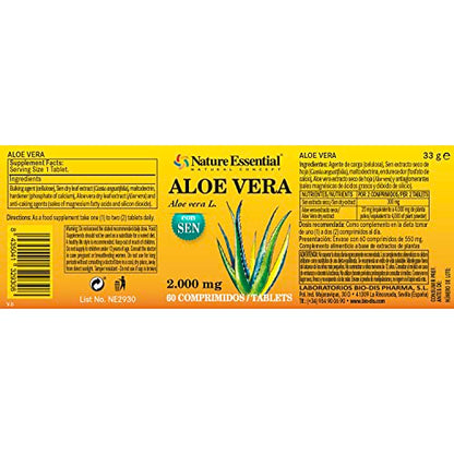 Nature Essential - Aloe Vera - 60 Comprimidos - Bote para 1 Mes - Sen y Calcio - Favorece Sistema Hepático - Ayuda a Perder Peso - Aloe + Sen 2000 mg