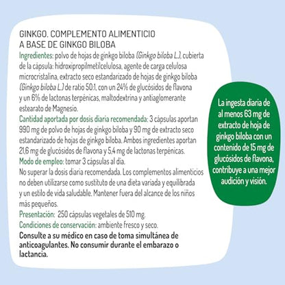El Granero Integral - Ginkgo Biloba - 250 Cápsulas - Elaborado a Base de Polvo y Extracto de Hojas de Ginkgo Biloba - Ayuda a la Correcta Circulación de la Sangre