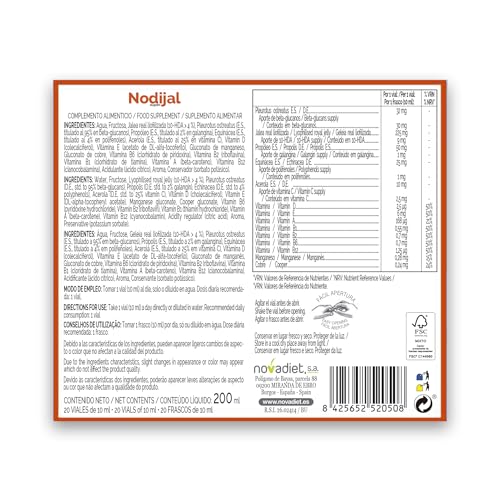 Novadiet - NODIJAL SUPER Viales con Propóleo, Jalea Real, Vitaminas, Minerales, Acerola, Equinácea, Pleurotus Ostreatus, Ayuda al Sistema Inmune y Etapa Crecimiento de los Niños - 20 Viales de 10 ml