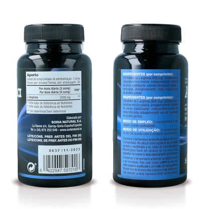 Soria Natural - vit&min Arginina – Ayuda a relajar los Vasos Sanguíneos - Apoya el Aumento del Tamaño Muscular, la Resistencia Física y Favorece la Circulación sanguínea. - 90 comprimidos de 1100 mg