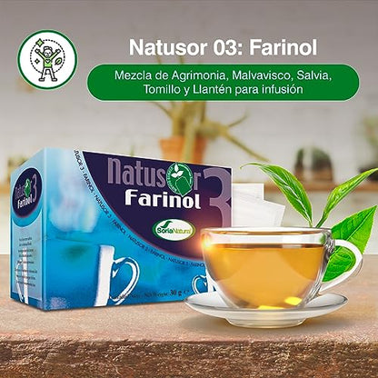 Soria Natural Natusor 03 Farinol – Favorece las Defensas – Ideal la Garganta - Mezcla de Agrimonia, Malvavisco, Salvia, Tomillo y Llantén para Infusión - 100% Natural - Caja con 20 Bolsas Filtro